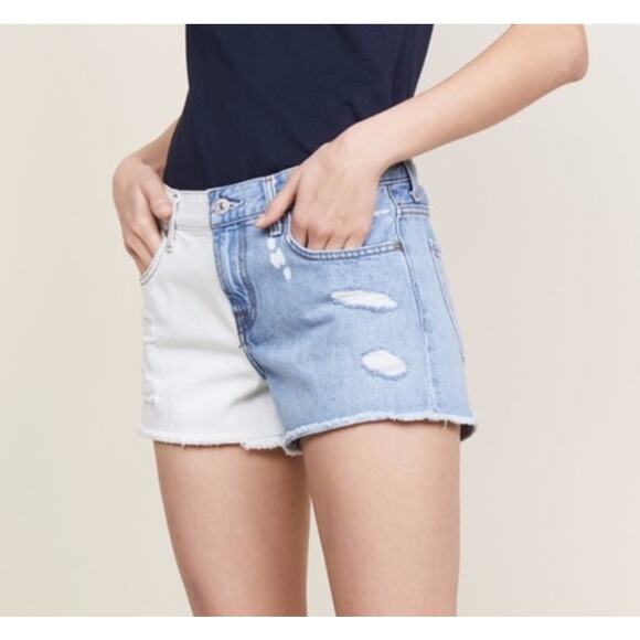7 for all Mankind Short Womens 29 Blue White Two‎ Tone Denim Jean Raw Hem - Picture 1 of 9